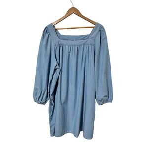 J.Crew Square Neck Chambray Mini‎ Shift Dress Plus Size 3X Blue Puff Sleeve NEW